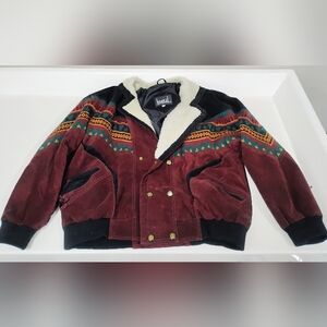 Suede Southwestern Aztec Style Bomber Jacket with Shearling Lining
